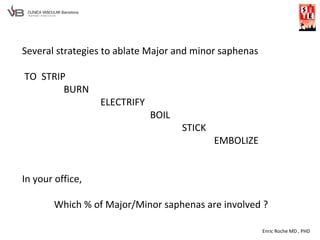 Enric Roche MD , PHD
Several strategies to ablate Major and minor saphenas
TO STRIP
BURN
ELECTRIFY
BOIL
STICK
EMBOLIZE
In your office,
Which % of Major/Minor saphenas are involved ?
 