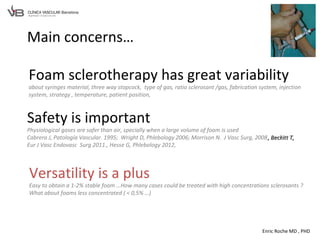 Enric Roche MD , PHD
Main concerns…
Foam sclerotherapy has great variability
about syringes material, three way stopcock, type of gas, ratio sclerosant /gas, fabrication system, injection
system, strategy , temperature, patient position,
Safety is important
Physiological gases are safer than air, specially when a large volume of foam is used
Cabrera J, Patología Vascular. 1995; Wright D, Phlebology 2006; Morrison N. J Vasc Surg, 2008, Beckitt T,, Beckitt T,
Eur J Vasc Endovasc Surg 2011., Hesse G, Phlebology 2012,
Versatility is a plus
Easy to obtain a 1-2% stable foam …How many cases could be treated with high concentrations sclerosants ?
What about foams less concentrated ( < 0,5% …)
 