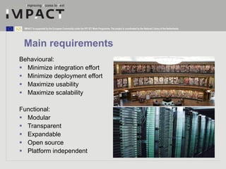 IMPACT is supported by the European Community under the FP7 ICT Work Programme. The project is coordinated by the National Library of the Netherlands. 
Main requirements 
Behavioural: 
 Minimize integration effort 
 Minimize deployment effort 
 Maximize usability 
 Maximize scalability 
Functional: 
 Modular 
 Transparent 
 Expandable 
 Open source 
 Platform independent 
 