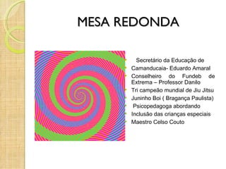 MESA REDONDA

          Secretário da Educação de
        Camanducaia- Eduardo Amaral
        Conselheiro do Fundeb de
         Extrema – Professor Danilo
        Tri campeão mundial de Jiu Jitsu
        Juninho Boi ( Bragança Paulista)
         Psicopedagoga abordando
        Inclusão das crianças especiais
        Maestro Celso Couto
 
