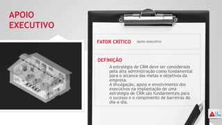 APOIO
EXECUTIVO
FATOR CRÍTICO
DEFINIÇÃO
Apoio executivo
A estratégia de CRM deve ser considerada
pela alta administração como fundamental
para o alcance das metas e objetivos da
empresa.
A divulgação, apoio e envolvimento dos
executivos na implantação de uma
estratégia de CRM são fundamentais para
o sucesso e o rompimento de barreiras do
dia-a-dia.
 