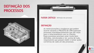 DEFINIÇÃO DOS
PROCESSOS
FATOR CRÍTICO
DEFINIÇÃO
Definição dos processos
As reestruturações e mudanças que podem
ocorrer durante o PROJETO de CRM suportam
processos interdepartamentais que são vitais
para o relacionamento com os clientes.
Esses processos precisam estar muito bem
definidos, estruturados e ter, acima de tudo,
responsáveis que possam medir e tomar ações
corretivas de cada um dos processos.
 