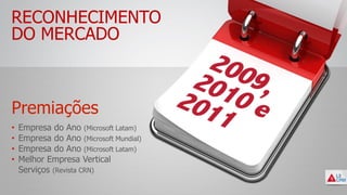 RECONHECIMENTO
DO MERCADO
• Empresa do Ano (Microsoft Latam)
• Empresa do Ano (Microsoft Latam)
• Empresa do Ano (Microsoft Mundial)
• Melhor Empresa Vertical
Serviços (Revista CRN)
Premiações
 