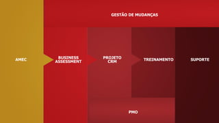 TREINAMENTOPROJETO
CRM
BUSINESS
ASSESSMENTAMEC
PMO
SUPORTE
GESTÃO DE MUDANÇAS
 