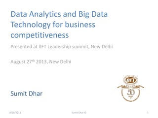 Data Analytics and Big Data
Technology for business
competitiveness
Sumit Dhar
Presented at IIFT Leadership summit, New Delhi
August 27th 2013, New Delhi
8/28/2013 1Sumit Dhar ©
 