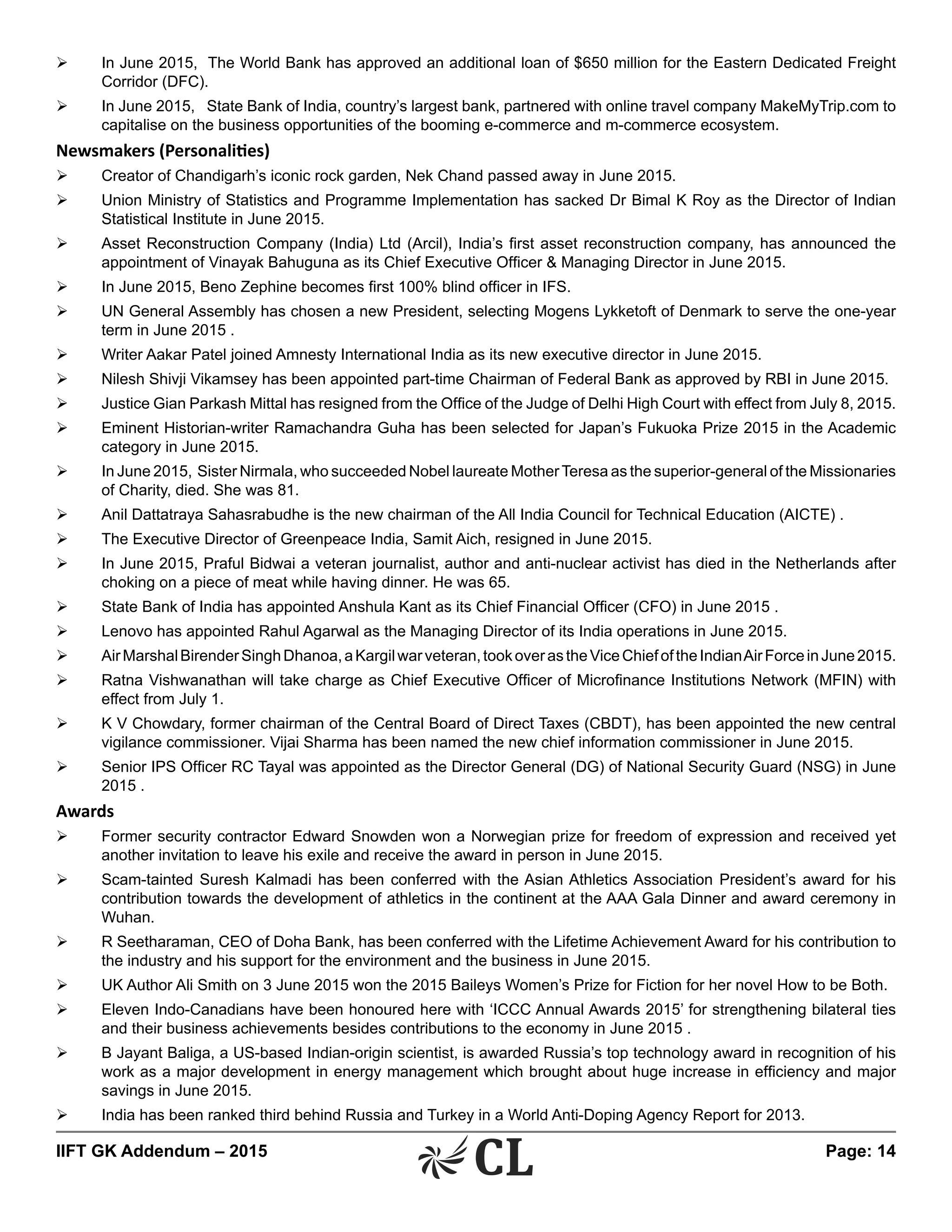 IIFT GK Addendum – 2015	 Page: 14
Ø	 In June 2015, The World Bank has approved an additional loan of $650 million for the Eastern Dedicated Freight
Corridor (DFC).
Ø	 In June 2015, State Bank of India, country’s largest bank, partnered with online travel company MakeMyTrip.com to
capitalise on the business opportunities of the booming e-commerce and m-commerce ecosystem.
Newsmakers (Personalities)
Ø	 Creator of Chandigarh’s iconic rock garden, Nek Chand passed away in June 2015.
Ø	 Union Ministry of Statistics and Programme Implementation has sacked Dr Bimal K Roy as the Director of Indian
Statistical Institute in June 2015.
Ø	 Asset Reconstruction Company (India) Ltd (Arcil), India’s first asset reconstruction company, has announced the
appointment of Vinayak Bahuguna as its Chief Executive Officer & Managing Director in June 2015.
Ø	 In June 2015, Beno Zephine becomes first 100% blind officer in IFS.
Ø	 UN General Assembly has chosen a new President, selecting Mogens Lykketoft of Denmark to serve the one-year
term in June 2015 .
Ø	 Writer Aakar Patel joined Amnesty International India as its new executive director in June 2015.
Ø	 Nilesh Shivji Vikamsey has been appointed part-time Chairman of Federal Bank as approved by RBI in June 2015.
Ø	 Justice Gian Parkash Mittal has resigned from the Office of the Judge of Delhi High Court with effect from July 8, 2015.
Ø	 Eminent Historian-writer Ramachandra Guha has been selected for Japan’s Fukuoka Prize 2015 in the Academic
category in June 2015.
Ø	 In June 2015, Sister Nirmala, who succeeded Nobel laureate MotherTeresa as the superior-general of the Missionaries
of Charity, died. She was 81.
Ø	 Anil Dattatraya Sahasrabudhe is the new chairman of the All India Council for Technical Education (AICTE) .
Ø	 The Executive Director of Greenpeace India, Samit Aich, resigned in June 2015.
Ø	 In June 2015, Praful Bidwai a veteran journalist, author and anti-nuclear activist has died in the Netherlands after
choking on a piece of meat while having dinner. He was 65.
Ø	 State Bank of India has appointed Anshula Kant as its Chief Financial Officer (CFO) in June 2015 .
Ø	 Lenovo has appointed Rahul Agarwal as the Managing Director of its India operations in June 2015.
Ø	 AirMarshalBirenderSinghDhanoa,aKargilwarveteran,tookoverastheViceChiefoftheIndianAirForceinJune2015.
Ø	 Ratna Vishwanathan will take charge as Chief Executive Officer of Microfinance Institutions Network (MFIN) with
effect from July 1.
Ø	 K V Chowdary, former chairman of the Central Board of Direct Taxes (CBDT), has been appointed the new central
vigilance commissioner. Vijai Sharma has been named the new chief information commissioner in June 2015.
Ø	 Senior IPS Officer RC Tayal was appointed as the Director General (DG) of National Security Guard (NSG) in June
2015 .
Awards
Ø	 Former security contractor Edward Snowden won a Norwegian prize for freedom of expression and received yet
another invitation to leave his exile and receive the award in person in June 2015.
Ø	 Scam-tainted Suresh Kalmadi has been conferred with the Asian Athletics Association President’s award for his
contribution towards the development of athletics in the continent at the AAA Gala Dinner and award ceremony in
Wuhan.
Ø	 R Seetharaman, CEO of Doha Bank, has been conferred with the Lifetime Achievement Award for his contribution to
the industry and his support for the environment and the business in June 2015.
Ø	 UK Author Ali Smith on 3 June 2015 won the 2015 Baileys Women’s Prize for Fiction for her novel How to be Both.
Ø	 Eleven Indo-Canadians have been honoured here with ‘ICCC Annual Awards 2015’ for strengthening bilateral ties
and their business achievements besides contributions to the economy in June 2015 .
Ø	 B Jayant Baliga, a US-based Indian-origin scientist, is awarded Russia’s top technology award in recognition of his
work as a major development in energy management which brought about huge increase in efficiency and major
savings in June 2015.
Ø	 India has been ranked third behind Russia and Turkey in a World Anti-Doping Agency Report for 2013.
 