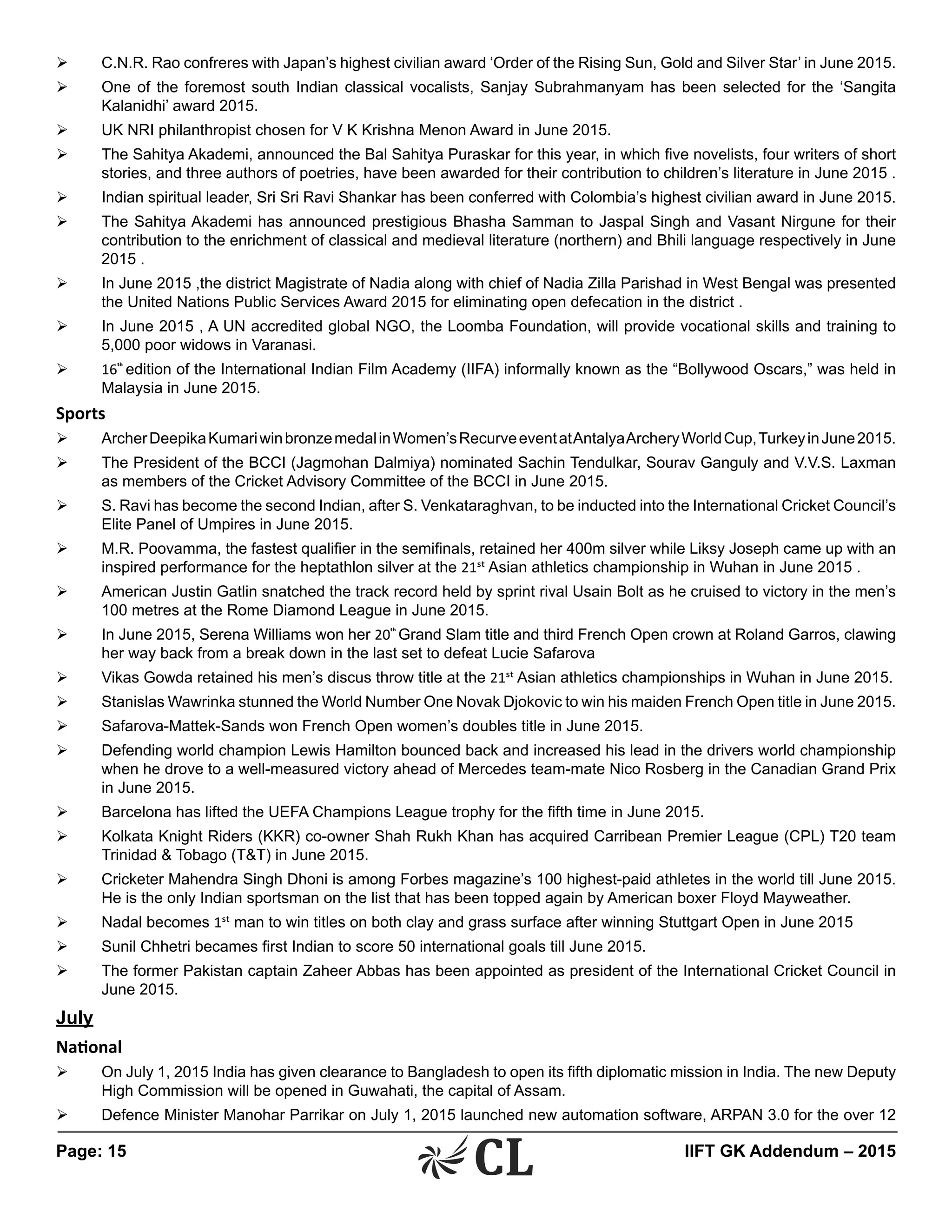 Page: 15 	 IIFT GK Addendum – 2015
Ø	 C.N.R. Rao confreres with Japan’s highest civilian award ‘Order of the Rising Sun, Gold and Silver Star’ in June 2015.
Ø	 One of the foremost south Indian classical vocalists, Sanjay Subrahmanyam has been selected for the ‘Sangita
Kalanidhi’ award 2015.
Ø	 UK NRI philanthropist chosen for V K Krishna Menon Award in June 2015.
Ø	 The Sahitya Akademi, announced the Bal Sahitya Puraskar for this year, in which five novelists, four writers of short
stories, and three authors of poetries, have been awarded for their contribution to children’s literature in June 2015 .
Ø	 Indian spiritual leader, Sri Sri Ravi Shankar has been conferred with Colombia’s highest civilian award in June 2015.
Ø	 The Sahitya Akademi has announced prestigious Bhasha Samman to Jaspal Singh and Vasant Nirgune for their
contribution to the enrichment of classical and medieval literature (northern) and Bhili language respectively in June
2015 .
Ø	 In June 2015 ,the district Magistrate of Nadia along with chief of Nadia Zilla Parishad in West Bengal was presented
the United Nations Public Services Award 2015 for eliminating open defecation in the district .
Ø	 In June 2015 , A UN accredited global NGO, the Loomba Foundation, will provide vocational skills and training to
5,000 poor widows in Varanasi.
Ø	 16th
edition of the International Indian Film Academy (IIFA) informally known as the “Bollywood Oscars,” was held in
Malaysia in June 2015.
Sports
Ø	 ArcherDeepikaKumariwinbronzemedalinWomen’sRecurveeventatAntalyaArcheryWorldCup,TurkeyinJune2015.
Ø	 The President of the BCCI (Jagmohan Dalmiya) nominated Sachin Tendulkar, Sourav Ganguly and V.V.S. Laxman
as members of the Cricket Advisory Committee of the BCCI in June 2015.
Ø	 S. Ravi has become the second Indian, after S. Venkataraghvan, to be inducted into the International Cricket Council’s
Elite Panel of Umpires in June 2015.
Ø	 M.R. Poovamma, the fastest qualifier in the semifinals, retained her 400m silver while Liksy Joseph came up with an
inspired performance for the heptathlon silver at the 21st Asian athletics championship in Wuhan in June 2015 .
Ø	 American Justin Gatlin snatched the track record held by sprint rival Usain Bolt as he cruised to victory in the men’s
100 metres at the Rome Diamond League in June 2015.
Ø	 In June 2015, Serena Williams won her 20th
Grand Slam title and third French Open crown at Roland Garros, clawing
her way back from a break down in the last set to defeat Lucie Safarova
Ø	 Vikas Gowda retained his men’s discus throw title at the 21st Asian athletics championships in Wuhan in June 2015.
Ø	 Stanislas Wawrinka stunned the World Number One Novak Djokovic to win his maiden French Open title in June 2015.
Ø	 Safarova-Mattek-Sands won French Open women’s doubles title in June 2015.
Ø	 Defending world champion Lewis Hamilton bounced back and increased his lead in the drivers world championship
when he drove to a well-measured victory ahead of Mercedes team-mate Nico Rosberg in the Canadian Grand Prix
in June 2015.
Ø	 Barcelona has lifted the UEFA Champions League trophy for the fifth time in June 2015.
Ø	 Kolkata Knight Riders (KKR) co-owner Shah Rukh Khan has acquired Carribean Premier League (CPL) T20 team
Trinidad & Tobago (T&T) in June 2015.
Ø	 Cricketer Mahendra Singh Dhoni is among Forbes magazine’s 100 highest-paid athletes in the world till June 2015.
He is the only Indian sportsman on the list that has been topped again by American boxer Floyd Mayweather.
Ø	 Nadal becomes 1st man to win titles on both clay and grass surface after winning Stuttgart Open in June 2015
Ø	 Sunil Chhetri becames first Indian to score 50 international goals till June 2015.
Ø	 The former Pakistan captain Zaheer Abbas has been appointed as president of the International Cricket Council in
June 2015.
July
National
Ø	 On July 1, 2015 India has given clearance to Bangladesh to open its fifth diplomatic mission in India. The new Deputy
High Commission will be opened in Guwahati, the capital of Assam.
Ø	 Defence Minister Manohar Parrikar on July 1, 2015 launched new automation software, ARPAN 3.0 for the over 12
 