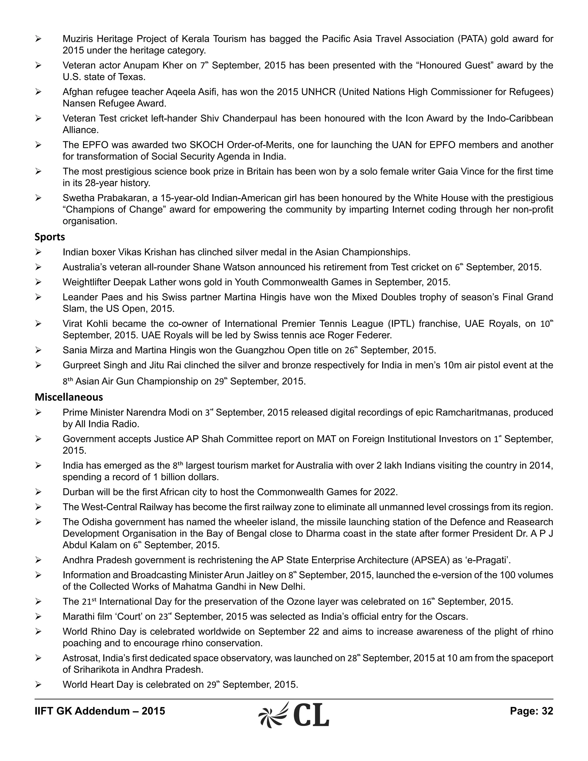 IIFT GK Addendum – 2015	 Page: 32
Ø	 Muziris Heritage Project of Kerala Tourism has bagged the Pacific Asia Travel Association (PATA) gold award for
2015 under the heritage category.
Ø	 Veteran actor Anupam Kher on 7th
September, 2015 has been presented with the “Honoured Guest” award by the
U.S. state of Texas.
Ø	 Afghan refugee teacher Aqeela Asifi, has won the 2015 UNHCR (United Nations High Commissioner for Refugees)
Nansen Refugee Award.
Ø	 Veteran Test cricket left-hander Shiv Chanderpaul has been honoured with the Icon Award by the Indo-Caribbean
Alliance.
Ø	 The EPFO was awarded two SKOCH Order-of-Merits, one for launching the UAN for EPFO members and another
for transformation of Social Security Agenda in India.
Ø	 The most prestigious science book prize in Britain has been won by a solo female writer Gaia Vince for the first time
in its 28-year history.
Ø	 Swetha Prabakaran, a 15-year-old Indian-American girl has been honoured by the White House with the prestigious
“Champions of Change” award for empowering the community by imparting Internet coding through her non-profit
organisation.
Sports
Ø	 Indian boxer Vikas Krishan has clinched silver medal in the Asian Championships.
Ø	 Australia’s veteran all-rounder Shane Watson announced his retirement from Test cricket on 6th
September, 2015.
Ø	 Weightlifter Deepak Lather wons gold in Youth Commonwealth Games in September, 2015.
Ø	 Leander Paes and his Swiss partner Martina Hingis have won the Mixed Doubles trophy of season’s Final Grand
Slam, the US Open, 2015.
Ø	 Virat Kohli became the co-owner of International Premier Tennis League (IPTL) franchise, UAE Royals, on 10th
September, 2015. UAE Royals will be led by Swiss tennis ace Roger Federer.
Ø	 Sania Mirza and Martina Hingis won the Guangzhou Open title on 26th
September, 2015.
Ø	 Gurpreet Singh and Jitu Rai clinched the silver and bronze respectively for India in men’s 10m air pistol event at the
8th Asian Air Gun Championship on 29th
September, 2015.
Miscellaneous
Ø	 Prime Minister Narendra Modi on 3rd
September, 2015 released digital recordings of epic Ramcharitmanas, produced
by All India Radio.
Ø	 Government accepts Justice AP Shah Committee report on MAT on Foreign Institutional Investors on 1st
September,
2015.
Ø	 India has emerged as the 8th largest tourism market for Australia with over 2 lakh Indians visiting the country in 2014,
spending a record of 1 billion dollars.
Ø	 Durban will be the first African city to host the Commonwealth Games for 2022.
Ø	 The West-Central Railway has become the first railway zone to eliminate all unmanned level crossings from its region.
Ø	 The Odisha government has named the wheeler island, the missile launching station of the Defence and Reasearch
Development Organisation in the Bay of Bengal close to Dharma coast in the state after former President Dr. A P J
Abdul Kalam on 6th
September, 2015.
Ø	 Andhra Pradesh government is rechristening the AP State Enterprise Architecture (APSEA) as ‘e-Pragati’.
Ø	 Information and Broadcasting Minister Arun Jaitley on 8th
September, 2015, launched the e-version of the 100 volumes
of the Collected Works of Mahatma Gandhi in New Delhi.
Ø	 The 21st International Day for the preservation of the Ozone layer was celebrated on 16th
September, 2015.
Ø	 Marathi film ‘Court’ on 23rd
September, 2015 was selected as India’s official entry for the Oscars.
Ø	 World Rhino Day is celebrated worldwide on September 22 and aims to increase awareness of the plight of rhino
poaching and to encourage rhino conservation.
Ø	 Astrosat, India’s first dedicated space observatory, was launched on 28th
September, 2015 at 10 am from the spaceport
of Sriharikota in Andhra Pradesh.
Ø	 World Heart Day is celebrated on 29th
September, 2015.
 
