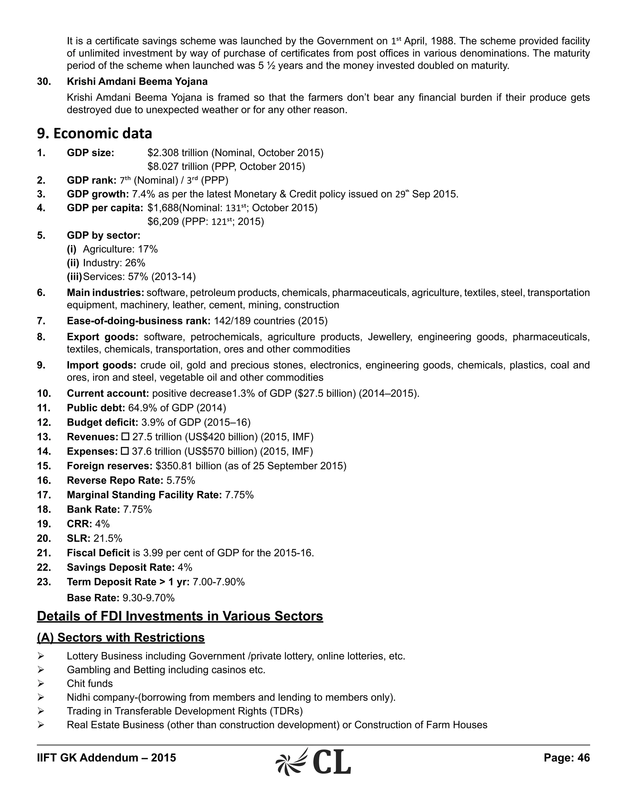 IIFT GK Addendum – 2015	 Page: 46
	 It is a certificate savings scheme was launched by the Government on 1st April, 1988. The scheme provided facility
of unlimited investment by way of purchase of certificates from post offices in various denominations. The maturity
period of the scheme when launched was 5 ½ years and the money invested doubled on maturity.
30.	 Krishi Amdani Beema Yojana
	 Krishi Amdani Beema Yojana is framed so that the farmers don’t bear any financial burden if their produce gets
destroyed due to unexpected weather or for any other reason.
9. Economic data
1.	 GDP size: 	 $2.308 trillion (Nominal, October 2015)
				 $8.027 trillion (PPP, October 2015)
2.	 GDP rank: 7th (Nominal) / 3rd (PPP)
3.	 GDP growth: 7.4% as per the latest Monetary & Credit policy issued on 29th
Sep 2015.
4.	 GDP per capita:	$1,688(Nominal: 131st; October 2015)
				 $6,209 (PPP: 121st; 2015)
5.	 GDP by sector:
	(i)	Agriculture: 17%
	(ii)	Industry: 26%
	(iii)	Services: 57% (2013-14)
6.	 Main industries: software, petroleum products, chemicals, pharmaceuticals, agriculture, textiles, steel, transportation
equipment, machinery, leather, cement, mining, construction
7.	 Ease-of-doing-business rank: 142/189 countries (2015)
8.	 Export goods: software, petrochemicals, agriculture products, Jewellery, engineering goods, pharmaceuticals,
textiles, chemicals, transportation, ores and other commodities
9.	 Import goods: crude oil, gold and precious stones, electronics, engineering goods, chemicals, plastics, coal and
ores, iron and steel, vegetable oil and other commodities
10.	 Current account: positive decrease1.3% of GDP ($27.5 billion) (2014–2015).
11.	 Public debt: 64.9% of GDP (2014)
12.	 Budget deficit: 3.9% of GDP (2015–16)
13.	Revenues: 27.5 trillion (US$420 billion) (2015, IMF)
14.	Expenses: 37.6 trillion (US$570 billion) (2015, IMF)
15.	 Foreign reserves: $350.81 billion (as of 25 September 2015)
16.	 Reverse Repo Rate: 5.75%
17.	 Marginal Standing Facility Rate: 7.75%
18.	 Bank Rate: 7.75%
19.	CRR: 4%
20.	SLR: 21.5%
21.	 Fiscal Deficit is 3.99 per cent of GDP for the 2015-16.
22.	 Savings Deposit Rate: 4%
23.	 Term Deposit Rate > 1 yr: 7.00-7.90%
	 Base Rate: 9.30-9.70%
Details of FDI Investments in Various Sectors
(A) Sectors with Restrictions
Ø	 Lottery Business including Government /private lottery, online lotteries, etc.
Ø	 Gambling and Betting including casinos etc.
Ø	 Chit funds
Ø	 Nidhi company-(borrowing from members and lending to members only).
Ø	 Trading in Transferable Development Rights (TDRs)
Ø	 Real Estate Business (other than construction development) or Construction of Farm Houses
 