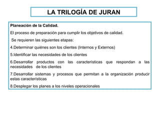 Planeación de la Calidad.  El proceso de preparación para cumplir los objetivos de calidad. Se requieren las siguientes etapas: Determinar quiénes son los clientes (Internos y Externos) Identificar las necesidades de los clientes Desarrollar productos con las características que respondan a las necesidades  de los clientes Desarrollar sistemas y procesos que permitan a la organización producir estas características Desplegar los planes a los niveles operacionales LA TRILOGÍA DE JURAN 