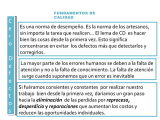 FUNDAMENTOS DE CALIDAD Cero Defectos Es una norma de desempeño. Es la norma de los artesanos, sin importa la tarea que realicen… El lema de CD  es hacer bien las cosas desde la primera vez. Esto significa concentrarse en evitar  los defectos más que detectarlos y corregirlos. La mayor parte de los errores humanos se deben a la falta de  atención y no a la falta de conocimiento. La falta de atención surge cuando suponemos que un error es inevitable  Si fuéramos consientes y constantes  por realizar nuestro trabajo  bien desde la primera vez, daríamos un gran paso hacia la  eliminación   de las perdidas por  reproceso, desperdicio  y  reparaciones  que aumentan los costos y reducen las oportunidades individuales. 