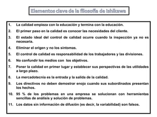 La calidad empieza con la educación y termina con la educación. El primer paso en la calidad es conocer las necesidades del cliente. El estado ideal del control de calidad ocurre cuando la inspección ya no es necesaria. Eliminar el origen y no los síntomas. El control de calidad es responsabilidad de los trabajadores y las divisiones. No confundir los medios con  los objetivos. Poner la calidad en primer lugar y establecer sus perspectivas de las utilidades a largo plazo. La mercadotecnia es la entrada y la salida de la calidad. Los directivos no deben demostrar enojo cuando sus subordinados presentan los hechos. 95 % de los problemas en una empresa se solucionan con herramientas sencillas de análisis y solución de problemas. Los datos sin información de difusión (es decir, la variabilidad) son falsos. 