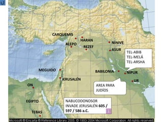 NINIVE
UR
BABILONIA
ASUR
HARAN
CARQUEMIS
MEGUIDO
JERUSALÉN
ON
TEBAS
EGIPTO NABUCODONOSOR
INVADE JERUSALÉN 605 /
597 / 586 a.C.
ALEPO
NIPUR
REZEF
TEL-ABIB
TEL-MELÁ
TEL-ARSHA
AREA PARA
JUDÍOS
 