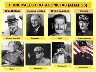 PRINCIPALES PROTAGONISTAS (ALIADOS)
StalinWinston Churchill Roosevelt
Gran Bretaña Francia
Charles de Gaulle
Estados Unidos
Zhukov
Unión Soviética
Mac Arthur
Montgomery
Eisenhower