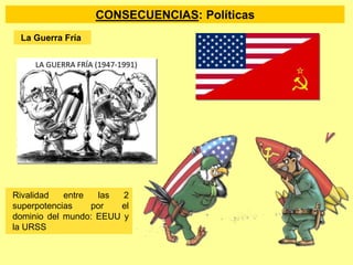 CONSECUENCIAS: Políticas
La Guerra Fría
Rivalidad entre las 2
superpotencias por el
dominio del mundo: EEUU y
la URSS