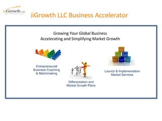 iiGrowth LLC Business Accelerator  Growing Your Global Business Accelerating and Simplifying Market Growth Launch & Implementation Market Services Entrepreneurial Business Coaching & Matchmaking Differentiation and Market Growth Plans 