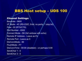 BBS Host setup – UDS 100
Channel Settings:
Baudrate - 9600
I/F Mode - 4C (RS-232C, 8-bit, no parity, 1 stop bit)
Flow - 02...