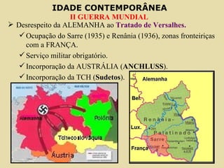 Desrespeito da ALEMANHA ao  Tratado de Versalhes. Ocupação do Sarre (1935) e Renânia (1936), zonas fronteiriças com a FRANÇA. Serviço militar obrigatório. Incorporação da AUSTRÁLIA ( ANCHLUSS ). Incorporação da TCH ( Sudetos ). 