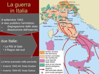 La guerra  in Italia  8 settembre 1943:  è reso pubblico l’armistizio: disgregazione dello stato dissoluzione dell’esercito La lenta avanzata nella penisola: inverno 1943-44: linea Gustav inverno 1944-45: linea Gotica due Italie: La RSI di Salò  Il Regno del sud 