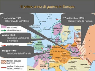 Il primo anno di guerra in Europa 1 settembre 1939: Hitler invade la Polonia 17 settembre 1939: Stalin invade la Polonia  Aprile 1940: Invasione Danimarca  e Norvegia Maggio 1940: invasione della Francia 