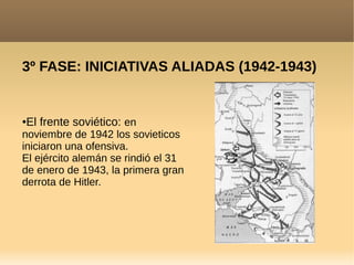 3º FASE: INICIATIVAS ALIADAS (1942-1943)
●El frente soviético: en
noviembre de 1942 los sovieticos
iniciaron una ofensiva.
El ejército alemán se rindió el 31
de enero de 1943, la primera gran
derrota de Hitler.
 