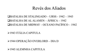 Revés dos Aliados
BATALHA DE STALINGADO – URSS - 1942 – 1943
BATALHA DE AL ALAMEN – ÁFRICA – 1942
BATALHA DE MIDWAY – OCEANO PACÍFICO – 1942
1943 ITÁLIA CAPITULA
1944 OPERAÇÃO OVERLORD – DIA D
1945 ALEMNHA CAPITULA
 