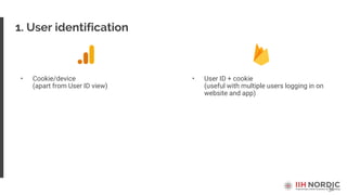 31
1. User identification
• Cookie/device
(apart from User ID view)
• User ID + cookie
(useful with multiple users logging in on
website and app)
 