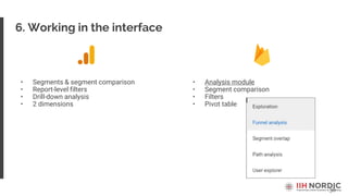 38
6. Working in the interface
• Segments & segment comparison
• Report-level filters
• Drill-down analysis
• 2 dimensions
• Analysis module
• Segment comparison
• Filters
• Pivot table
 