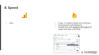 46
8. Speed
• uhm... • (I say…) it seems faster out of the box
• Improvement with BigQuery
• Double that with BigQuery BI Engine for
super-fast data crunching
 