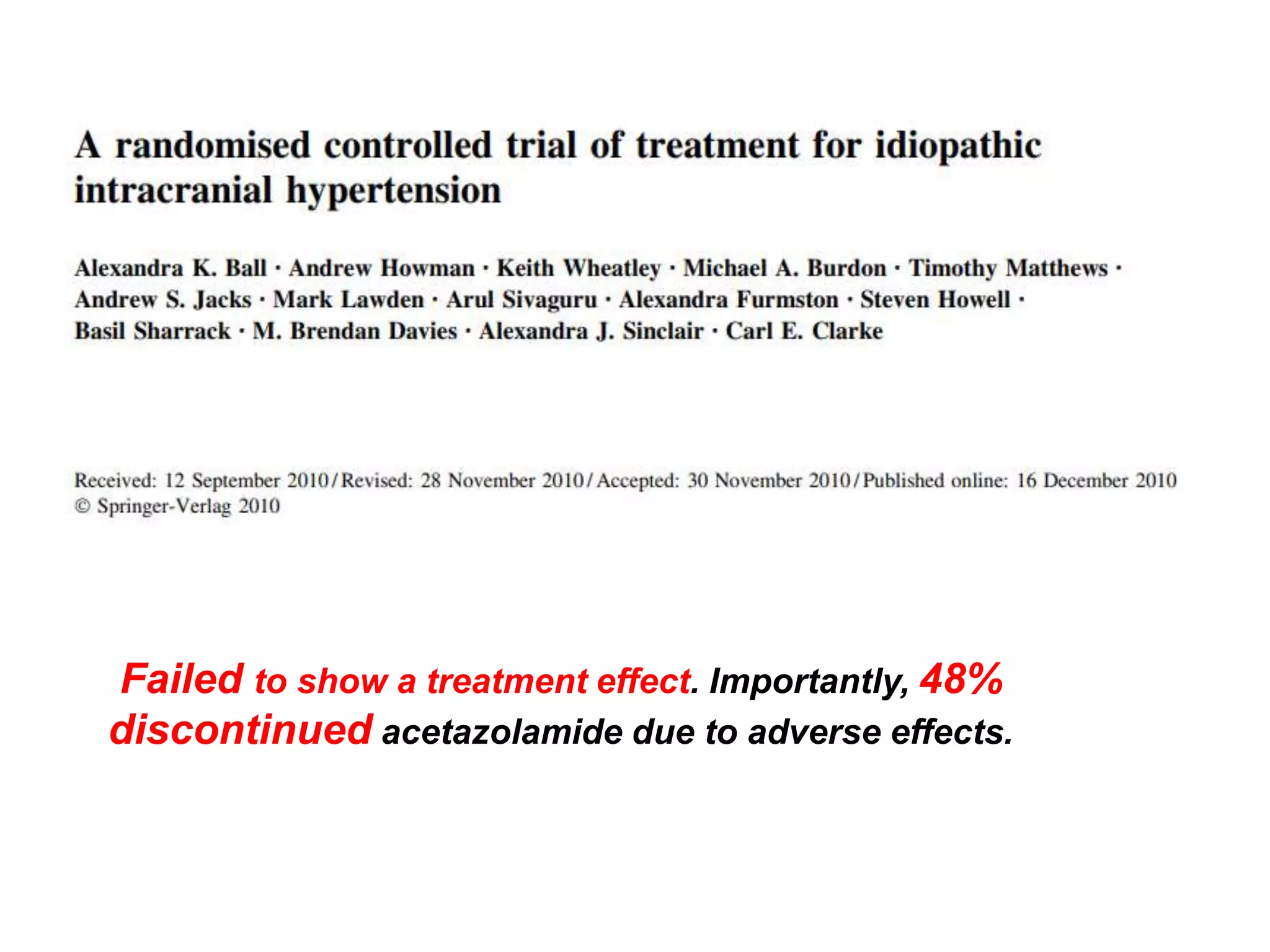 Failed to show a treatment effect. Importantly, 48%
discontinued acetazolamide due to adverse effects.
 