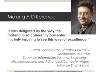 Making A Difference “ I was delighted by the way the material is so coherently presented.  It is truly inspiring to see this level of excellence .” —  Prof. Richard Hall, LaTrobe University, Melbourne, Australia Teaching Information Systems, Beginning  Microprocessors, and Advanced Computer-Aided  Software Engineering  