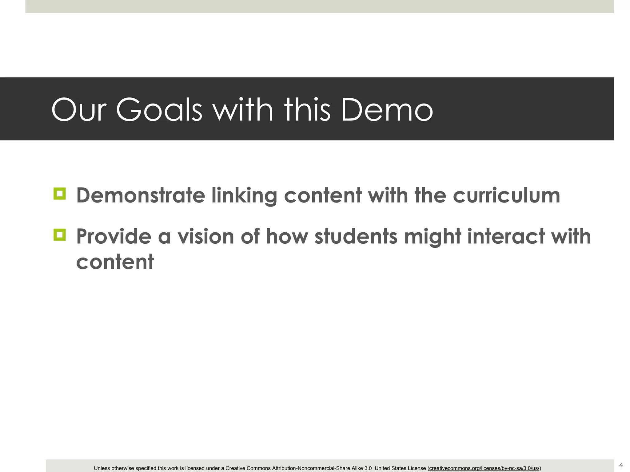 Our Goals with this Demo Demonstrate linking content with the curriculum Provide a vision of how students might interact with content 