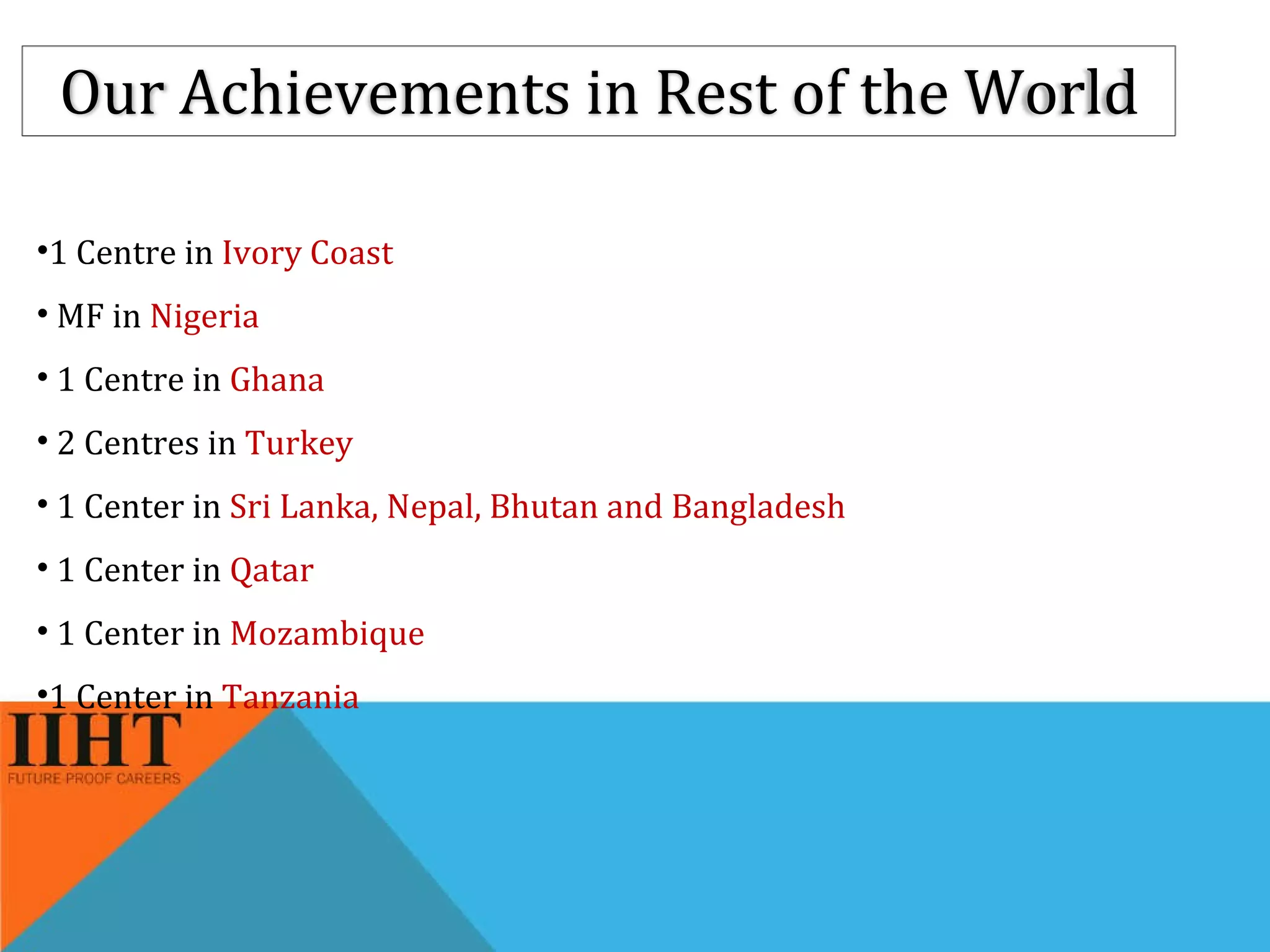 1 Centre in  Ivory Coast MF in  Nigeria 1 Centre in  Ghana 2 Centres in  Turkey 1 Center in  Sri Lanka, Nepal, Bhutan and Bangladesh  1 Center in  Qatar 1 Center in  Mozambique 1 Center in  Tanzania Our Achievements in Rest of the World 