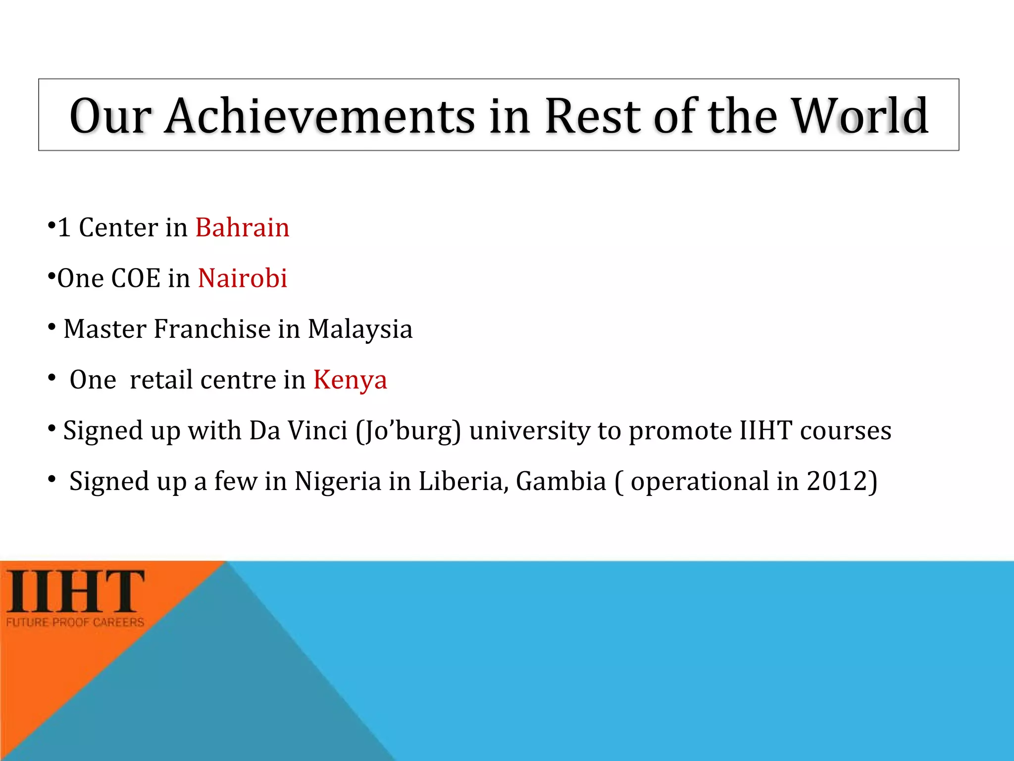 1 Center in  Bahrain  One COE in  Nairobi Master Franchise in Malaysia One  retail centre in  Kenya   Signed up with Da Vinci (Jo’burg) university to promote IIHT courses Signed up a few in Nigeria in Liberia, Gambia ( operational in 2012) Our Achievements in Rest of the World 