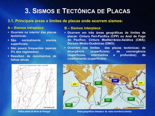3. SISMOS E TECTÓNICA DE PLACAS
3.1. Principais áreas e limites de placas onde ocorrem sismos:
A – Sismos intraplaca:
 Ocorrem no interior das placas
tectónicas;
 São normalmente sismos
superficiais;
 São pouco frequentes (apenas
5% dos registados);
 Resultam de movimentos de
falhas ativas.
(colegiovascodagama.pt)
B – Sismos interplaca:
 Ocorrem em três áreas geográficas de limites de
placas: Cintura Peri-Pacífica (CPP) ou Anel de Fogo
do Pacífico; Cintura Mediterrâneo-Asiática (CMA);
Dorsais Médio-Oceânicas (DMO);
 Ocorrem nos limites das placas tectónicas: de
divergência (superficiais); de convergência
(superficiais, intermédios e profundos); de
cisalhamento (superficiais).
(web.letras.up.pt)
CPP
CPP
CMA
DMO
DMO
DMO
DMO
Falhas ativas do Norte de Portugal Áreas geográficas interplaca de maior ocorrência sísmica
 