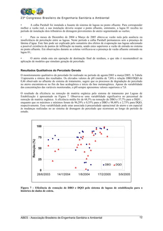 23º Congresso Brasileiro de Engenharia Sanitária e Ambiental

•       A calha Parshall foi instalada a Jusante do sistema de lagoas no ponto efluente. Para corresponder
melhor a vazão real, a sua instalação deveria ocupar o ponto afluente, entretanto, a lagoa 01 recebia no
período de instalação dois tributários de drenagem provenientes do aterro segmentando as vazões;

•        Para os meses de Dezembro de 2004 a Março de 2005 obteve-se vazão nula pela ausência ou
insuficiência de percolação entre as lagoas. Neste período a calha Parshall permaneceu sem a presença de
lâmina d’água. Este fato pode ser explicado pelo somatório dos efeitos de evaporação nas lagoas adicionado
a possível existência de pontos de infiltração na manta, sendo estes superiores a vazão de entrada no sistema
no ponto afluente. Em observações durante as coletas verificava-se a presença de vazão afluente entrando na
lagoa 01;

•       O aterro ainda esta em operação de destinação final de resíduos, o que não é recomendável na
aplicação de modelos que simulam geração de percolado.


Resultados Qualitativos do Percolado Gerado
O monitoramento qualitativo do percolado foi realizado no período de agosto/2003 a março/2005. A Tabela
11apresenta a síntese dos resultados. Os elevados valores de pH (média de 7,89) e relação DBO/DQO de
0,46 observado no afluente do sistema de tratamento, sugere que os processos de degradação do percolado
no aterro encontram-se no fim da fase acidogênica e início da fase metanogênica. Apesar da variabilidade
das concentrações das variáveis monitoradas, o pH sempre apresentou valores superiores a 7,0.

O resultado da eficiência na remoção de matéria orgânica pelo sistema de tratamento por Lagoas de
Estabilização é apresentado na Figura 7. Observa-se uma variabilidade significativa no percentual de
remoção de matéria orgânica. A eficiência média foi de 68,5% na remoção de DBO e 57,7% para a DQO. ,
enquanto que os máximos e mínimos foram de 96,29% e 0,35% para a DBO e 98,40% e 2,73% para DQO,
respectivamente. Essa variabilidade pode estar associada à precariedade operacional do aterro e em especial
às mudanças realizadas no ao sistema de drenagem do percolado que ocorreram ao longo do período de
estudo.




                        100


                         75
          Remoção (%)




                         50


                         25
                                                                           DBO       DQO

                          0
                        28/6/2003   14/1/2004      1/8/2004         17/2/2005          5/9/2005



Figura 7 – Eficiência de remoção de DBO e DQO pelo sistema de lagoas de estabilização para o
histórico de dados de coleta.




ABES - Associação Brasileira de Engenharia Sanitária e Ambiental                                          12
 