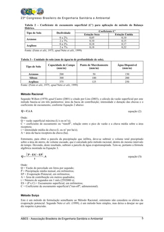 23º Congresso Brasileiro de Engenharia Sanitária e Ambiental

   Tabela 2 – Coeficiente de escoamento superficial (C’) para aplicação do método do Balanço
   Hídrico.
                                                                   Coeficiente C'
    Tipo de Solo                Declividade
                                                        Estação Seca            Estação Úmida
                                   0 a 2%                   0,05                     0,10
    Arenoso
                                   2 a 7%                   0,10                     0,15
                                   0 a 2%                   0,18                     0,17
    Argiloso
                                   2 a 7%                   0,18                     0,22
   Fonte: (Fenn et alii, 1975, apud Neto et alii, 1999)


Tabela 3 – Umidade do solo (mm de água/m de profundidade de solo).

                              Capacidade de Campo      Ponto de Murchamento         Água Disponível
     Tipo de Solo
                                    (mm/m)                    (mm/m)                   (mm/m)

       Arenoso                    200                           50                         150
        Siltoso                   300                          100                         200
       Argiloso                   375                          125                         250
Fonte: (Fenn et alii, 1975, apud Neto et alii, 1999)


Método Racional
Segundo Wilken (1978) apud Castro (2001) e citado por Lins (2003), o cálculo da vazão superficial por este
método baseia-se em três parâmetros: área da bacia de contribuição; intensidade e duração das chuvas e o
coeficiente de escoamento, conforme Equação 2 abaixo:

Q = C.i .A                                                                                   equação (2)

Onde:
Q = vazão superficial máxima (L/s ou m3/s);
C = coeficiente de escoamento ou “runoff”, relação entre o pico de vazão e a chuva média sobre a área
receptora;
i = intensidade média da chuva (L ou m3 por ha/s);
A = área da bacia receptora da chuva (ha).

Entretanto, para obter a parcela da precipitação que infiltra, deve-se subtrair o volume total precipitado
sobre a área do aterro, do volume escoado, que é calculado pelo método racional, dentro do mesmo intervalo
de tempo. Devendo, deste resultado, subtrair a parcela de água evapotranspirada. Tem-se, portanto a fórmula
algébrica mostrada na Equação 3.


Q=
     [ ( P − ES ) − EP ] .A                                                                  equação (3)
             t

Onde:
Q = Vazão do percolado em litros por segundo;
P = Precipitação média mensal, em milímetros;
EP = Evaporação Potencial, em milímetros;
A = Área de contribuição em metros quadrados;
t = Número de segundos em 1 mês (2592000 s);
ES = (P x C) = Escoamento superficial, em milímetros;
C = Coeficiente de escoamento superficial ("run-off", adimensional).


Método Suíço
Este é um método de formulação semelhante ao Método Racional, entretanto não considera os efeitos da
evaporação potencial. Segundo Neto et alii. (1999), é um método bem simples, mas deixa a desejar no que
diz respeito à precisão.



ABES - Associação Brasileira de Engenharia Sanitária e Ambiental                                           5
 
