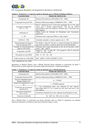 23º Congresso Brasileiro de Engenharia Sanitária e Ambiental

Tabela 6 - Parâmetros e o respectivo modo de obtenção para o Método do Balanço Hídrico.
          PARÂMETROS                                  MODO DE OBTENÇÃO
          Precipitação (P)        Boletins Pluviométricos FEPAGRO (1970 – 2004).

     Evaporação Potencial (EP)    Boletins Hidrometeorológicos EMBRAPA (1961 – 1990)
                                  Para C’ utilizou-se 0,15 e 0,18 com inclinação de 2 a 7%, para
      Escoamento Superficial      meses secos e úmidos respectivamente, visto que são valores
          (ES = C’ x P)           intermediários entre solo Argiloso e Arenoso, pois o solo local é um
                                  Silte Argiloso.
                                  Obtido através da subtração da Precipitação pelo Escoamento
           Infiltração (I)
                                  Superficial.
               I – EP             Diferença entre a água que infiltra e a que evapora.

          S (NEG (I – EP))        Calculado somando os valores negativos de (I – EP).
    Armazenamento de Água no      Foi obtido o valor de 120 mm e o desenvolvimento da seqüência
       Solo de cobertura (AS)     para meses de déficit, conforme tabela da revisão bibliográfica.
   Variação no armazenamento de   Diferença entre a água armazenada no solo, de um mês para o outro
        água no solo (∆AS)        (∆AS = ASn – ASn-1).
                                  Quando (I – EP) > 0, então ER = EP e quando (I –EP) <0, então ER
        Evaporação real (ER)
                                  = [EP + (I – EP) - ∆AS].
     Percolação em mm (PER)       PER = P – ES – AS – ER.

   Vazão mensal em m3/dia (QM)    QM = ((PER x 37429) /2592000) *3,6*24
Fonte: (adaptado de Lins, 2003)

Igualmente ao Balanço Hídrico, para o Método Racional foram utilizados os coeficientes da tabela 7,
diferenciando as séries longas das curtas pelos dados pluviométricos e hidrometeorológicos.

Tabela 7 - Parâmetros e o respectivo modo de obtenção para o Método Racional.
          PARÂMETROS                                  MODO DE OBTENÇÃO
          Precipitação (P)        Boletins Pluviométricos FEPAGRO (1970 – 2004).

     Evaporação Potencial (EP)    Boletins Hidrometeorológicos EMBRAPA (1961 – 1990)
    Área de contribuição para o
                                                             A = 37429m2
       Balanço Hídrico (A)
   Número de segundos em 1 mês
                                                         t = 2592000 segundos
                (t)
                                  c = 0,4 considerando aterro com cobertura de solo exposto,
     Coeficiente de escoamento
                                  declividade entre 0 e 5% e textura do solo entre uma areia e um
           superficial (c)
                                  silte argiloso.
      Escoamento Superficial
                                  Escoamento Superficial em mm, depende da precipitação do mês.
           (Es = P x c)
        Vazão em m3/dia (Q)                       Q = {[(P - Es – EP) x A] / t} x 86,4

Para o Método Suíço os coeficientes que foram utilizados estão na Tabela 8, igualmente aos métodos
anteriores realizaram-se estimativas para séries históricas longas e curtas.




ABES - Associação Brasileira de Engenharia Sanitária e Ambiental                                         8
 
