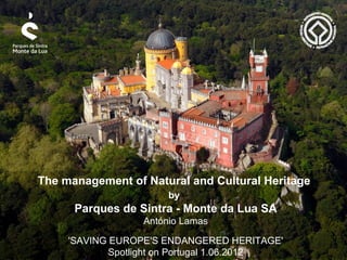 The management of Natural and Cultural Heritage
                       by
      Parques de Sintra - Monte da Lua SA
                  António Lamas

     'SAVING EUROPE'S ENDANGERED HERITAGE'
             Spotlight on Portugal 1.06.2012
 