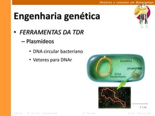 Histórico e conceitos em Biotecnologia




Engenharia genética
• FERRAMENTAS DA TDR
      – Plasmídeos
            • DNA circular bacteriano
            • Vetores para DNAr




Ciências – 9º ano Ens. Fundamental   2º Período                       Profa. Rebeca Vale
 