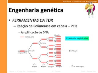 Histórico e conceitos em Biotecnologia




Engenharia genética
• FERRAMENTAS DA TDR
      – Reação de Polimerase em cadeia – PCR
            • Amplificação de DNA




Ciências – 9º ano Ens. Fundamental   2º Período                       Profa. Rebeca Vale
 