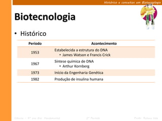 Histórico e conceitos em Biotecnologia




Biotecnologia
• Histórico
          Período                                  Acontecimento
                              Estabelecida a estrutura do DNA
            1953
                                 • James Watson e Francis Crick
                              Síntese química de DNA
            1967
                                 • Arthur Kornberg
            1973              Início da Engenharia Genética
            1982              Produção de insulina humana




Ciências – 9º ano Ens. Fundamental              2º Período                        Profa. Rebeca Vale
 
