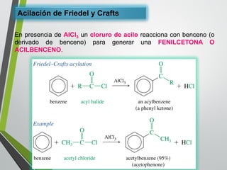 Acilaciónde Friedely Crafts 
EnpresenciadeAlCl3unclorurodeaciloreaccionaconbenceno(oderivadodebenceno)paragenerarunaFENILCETONAOACILBENCENO.  