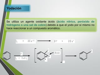 Yodación 
Se utiliza un agente oxidante ácido (ácido nítrico, peróxido de 
hidrógeno o una sal de cobre) debido a que el yodo por sí mismo no 
hace reaccionar a un compuesto aromático. 
I 
n 
I + 
I 2 + C u C l 2 + 
: B a s e 
I 
H 
I 2 + 2 C u + 2 2 I + + 2 C u + 
 