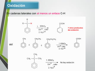 En cadenas laterales con al menos un enlace C-H 
Oxidación  