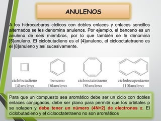 Aloshidrocarburoscíclicoscondoblesenlacesyenlacessencillosalternadosselesdenominaanulenos.Porejemplo,elbencenoesunanulenodeseismiembros,porloquetambiénseledenomina[6]anuleno.Elciclobutadienoesel[4]anuleno,elciclooctatetraenoesel[8]anulenoyasísucesivamente. 
Paraqueuncompuestoseaaromáticodebeserunciclocondoblesenlacesconjugados,debeserplanoparapermitirquelosorbitalespsesolapenydebetenerunnúmero(4N+2)deelectrones.Elciclobutadienoyelciclooctatetraenonosonaromáticos 
ANULENOS  