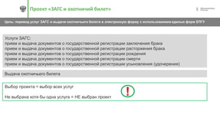 8Проект «ЗАГС и охотничий билет»
Цель: перевод услуг ЗАГС и выдачи охотничьего билета в электронную форму с использованием единых форм ЕПГУ
обеспечить сбор, хранение, обработку
Услуги ЗАГС:
прием и выдача документов о государственной регистрации заключения брака
прием и выдача документов о государственной регистрации расторжения брака
прием и выдача документов о государственной регистрации рождения
прием и выдача документов о государственной регистрации смерти
прием и выдача документов о государственной регистрации усыновления (удочерения)
Выдача охотничьего билета
Выбор проекта = выбор всех услуг
Не выбрана хотя бы одна услуга = НЕ выбран проект
!
!
 