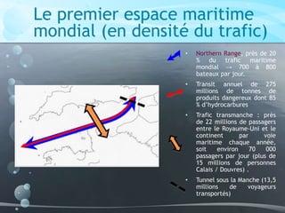 Le premier espace maritime
mondial (en densité du trafic)
• Northern Range, près de 20
% du trafic maritime
mondial → 700 à 800
bateaux par jour.
• Transit annuel de 275
millions de tonnes de
produits dangereux dont 85
% d’hydrocarbures
• Trafic transmanche : près
de 22 millions de passagers
entre le Royaume-Uni et le
continent par voie
maritime chaque année,
soit environ 70 000
passagers par jour (plus de
15 millions de personnes
Calais / Douvres) .
• Tunnel sous la Manche (13,5
millions de voyageurs
transportés)
 