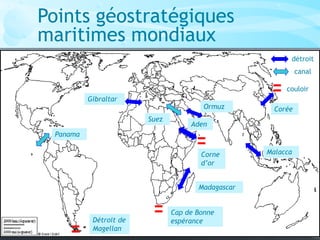 détroit
canal
Gibraltar
Madagascar
Aden
Ormuz
Malacca
Corée
Suez
Panama
couloir
Cap de Bonne
espéranceDétroit de
Magellan
Corne
d’or
Points géostratégiques
maritimes mondiaux
 