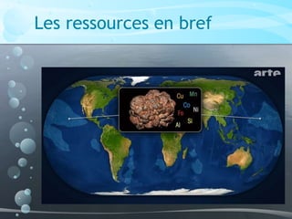 Les ressources en bref
• Convention de Montego Bay, 1982
• ZEE : 200 miles (possibilité d’extension à
350 miles)
• Autorité internationale des fonds marins
• Hydrocarbures
• Nodules et sulfures polymétalliques
• Ressources halieutiques
 